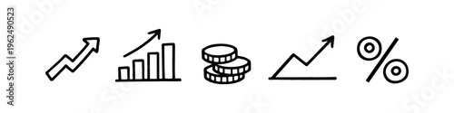 Set of hand-drawn business icons featuring growth arrows, bar charts, coins, and percentage sign. Minimalist black ink doodles on white background for financial, profit, and success concepts.