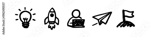 Hand-drawn doodle icons representing a startup business process, featuring a light bulb, rocket, person working on a laptop, paper plane, and a flag on a hill.