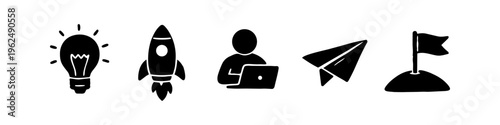Set of black silhouette business startup icons including light bulb, rocket ship, person with laptop, paper plane, and flag. Minimalist symbols for innovation, growth, and achievement.
