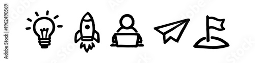 Set of hand-drawn business startup icons including light bulb, rocket, person with laptop, paper plane, and goal flag. Minimalist doodle style vector illustration for creative projects.