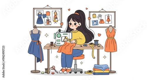 A young woman sits at a desk sewing with a machine, surrounded by dress mannequins and colorful fabric in a creative workspace with a playful mood.