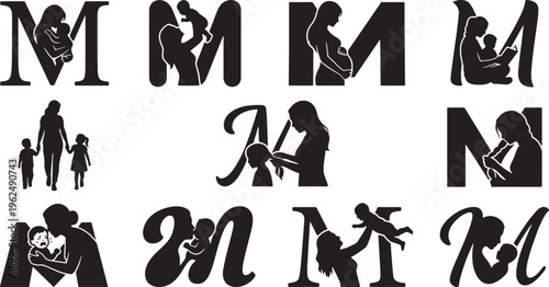 Black and white silhouette of people in various activities and poses silhouettes