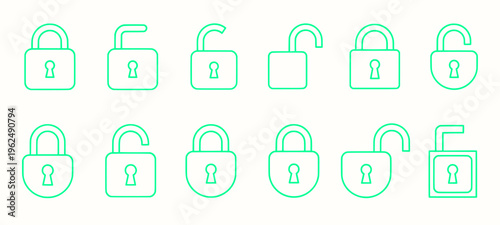 A set of green padlock icons in different positions