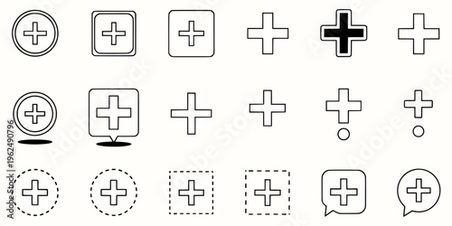Plus sign icons in various shapes and styles