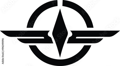 Stylized Compass Emblem with Wings Navigation Symbol Bold Graphic Isolated on White Minimalist Design