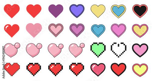 A collection of colorful heart icons in various styles