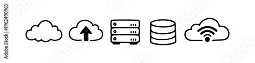 Hand-drawn doodle set of cloud computing and data storage icons. Includes cloud upload, server rack, database, and wifi symbols. Minimalist black line art on a white background.