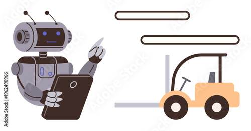 Automation, robotics, logistics, inventory control, smart warehouses, industrial management. A robot holding a tablet observes a forklift. Automation and logistics concept