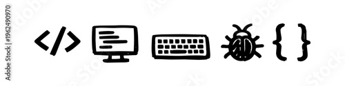 Set of hand-drawn coding and software development icons on a white background, featuring a code tag, computer monitor, keyboard, bug, and curly braces in a minimalist doodle style.
