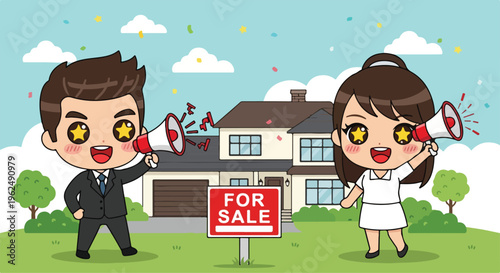 Cartoon illustration of a man and woman holding megaphones standing beside a 'For Sale' sign in front of a house with confetti, conveying a joyful and celebratory mood.