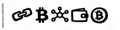 Set of hand-drawn cryptocurrency and blockchain icons featuring Bitcoin symbols, chain links, network nodes, and a digital wallet in a minimalist sketch style on a white background.