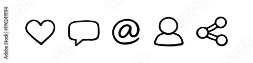 A set of hand-drawn social media icons including heart, comment, mention, user, and share. These minimalist black outline doodles are perfect for web design, apps, and digital marketing.