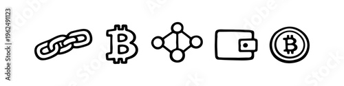Set of hand-drawn cryptocurrency and blockchain icons including bitcoin symbols, a chain, network nodes, and a wallet. Minimalist black and white doodle style for digital finance concepts.
