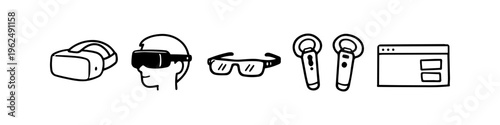 Hand-drawn icon set of virtual and augmented reality technology, featuring VR headsets, smart glasses, gaming controllers, and digital interface elements in a minimalist doodle style.