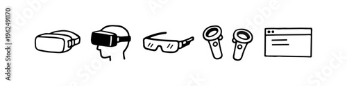 Hand-drawn virtual reality and augmented reality icons featuring VR headsets, smart glasses, controllers, and a digital window. Minimalist black line art doodles on white background.