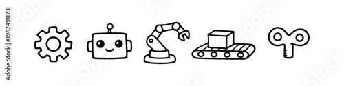 Set of hand-drawn robotic and automation icons featuring a gear, cute robot, industrial arm, conveyor belt, and wind-up key. Minimalist black and white line art for technology concepts.