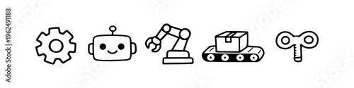 Set of hand-drawn robotics and automation icons including a gear, cute robot head, industrial arm, conveyor belt, and wind-up key. Minimalist doodle style isolated on white background.