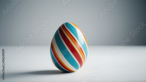 A single colorful striped egg sits on a clean white surface, ready for use