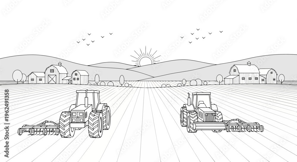 Fototapeta premium Vector illustration of two tractors working on a farm field at sunrise, line art illustration