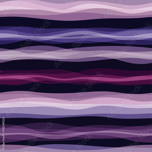 Modern digital art background with overlapping translucent wavy bands in various shades of purple, lavender, pink, and deep indigo, abstract texture.