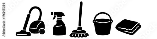 Set of cleaning service icons featuring vacuum cleaner, spray bottle, mop, bucket, and folded cloth. Minimalist black silhouettes on white background for housekeeping and sanitation concepts.