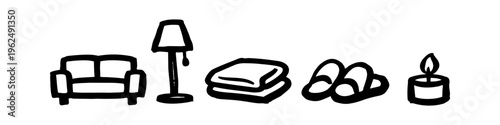 Hand-drawn cozy home icons set featuring a sofa, floor lamp, folded blanket, slippers, and lit candle. Minimalist black line art illustration on a plain white background.