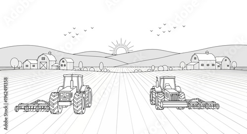 Vector illustration of two tractors working on a farm field at sunrise, line art illustration