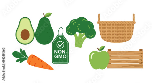 Vector illustration of set of fresh vegetables and fruits with a basket and wooden crate