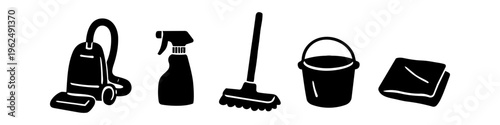 Set of black cleaning tool silhouettes including a vacuum, spray bottle, mop, bucket, and cloth on a white background. Concept for professional housekeeping and home maintenance services.