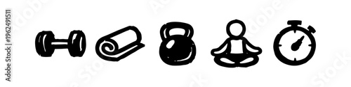 Hand-drawn doodle icons for fitness and wellness including a dumbbell, yoga mat, kettlebell, meditating person, and stopwatch. Black ink style on a white background for exercise and gym concepts.