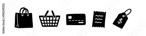 Set of hand-drawn black shopping icons including a bag, basket, credit card, receipt, and price tag. Minimalist doodle style for retail, commerce, and e-commerce design.