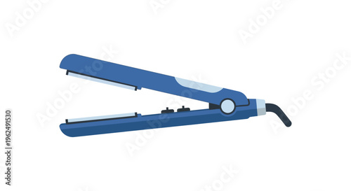 Blue hair straightener on white background in product photography style with cool lighting and smooth metallic texture for beauty and cosmetics advertising