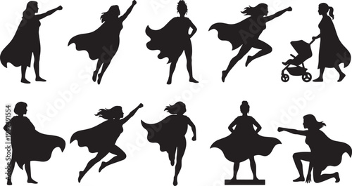 Black silhouette figures performing various dance and exercise movements in a row black silhouettes