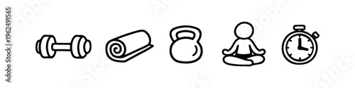 A minimalist set of black and white line icons featuring a dumbbell, yoga mat, kettlebell, meditation pose, and stopwatch. Perfect for fitness, wellness, and gym-themed design projects.