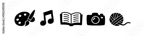 Set of hand-drawn icons representing creative hobbies like painting, music, reading, photography, and knitting. Minimalist black vector doodles for leisure activities on a white background.