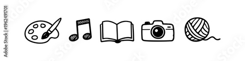 Set of hand-drawn doodle icons representing various hobbies like painting, music, reading, photography, and knitting. Simple black and white line art icons for creative activities.