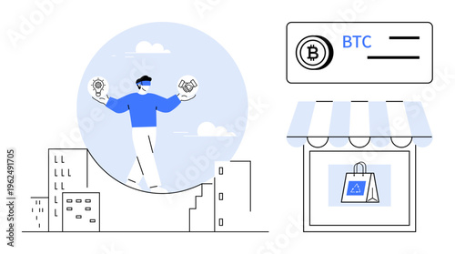 Cryptocurrency, blockchain technology, digital transactions, online shopping, financial technology, decentralized systems. Person holding icons of innovation. Cryptocurrency and blockchain technology