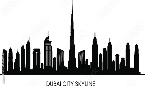 Black silhouette of Dubai city skyline with tall skyscrapers