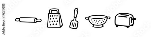 Hand-drawn doodle icons of kitchen tools: rolling pin, grater, spatula, colander, and toaster. Minimalist black and white sketch elements for culinary, baking, and cooking design projects.