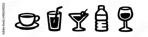 Set of hand-drawn beverage icons including coffee, juice, martini, water, and wine. Minimalist black line art doodles on a white background for menu design or cafe branding.
