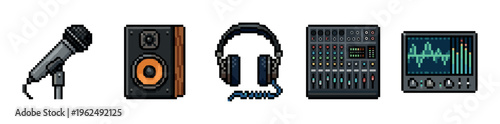 Pixel art audio equipment collection for music production featuring a microphone, speaker, headphones, mixer, and equalizer display in a retro 8-bit style.