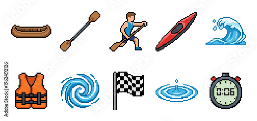 Pixel art icons representing various water sports and outdoor activities, including canoeing, kayaking, and racing elements, rendered in a classic retro game style.