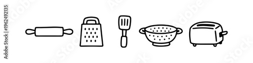 Hand-drawn collection of minimalist kitchen utensil icons in a doodle style. Features a rolling pin, grater, spatula, colander, and toaster. Perfect for cooking and baking theme designs.