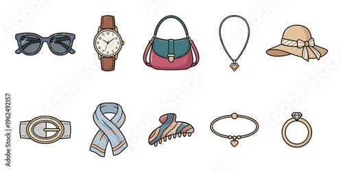 Various stylish fashion accessories for women are beautifully arranged, including jewelry, bags, hats, and eyewear, perfect for enhancing any outfit.