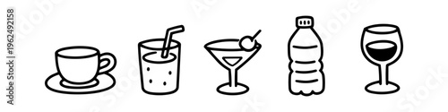 Set of minimalist hand-drawn beverage icons including coffee cup, juice glass, martini cocktail, water bottle, and wine glass. Black line art doodles on white background for menu or web design.