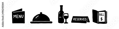 Set of hand-drawn restaurant icons featuring a menu, cloche, wine bottle with glass, reserved sign, and bill folder. Minimalist black and white doodle style for dining and hospitality concepts.