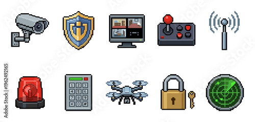 Security and surveillance pixel art icons collection set featuring various digital elements for protection, monitoring, and control systems in a retro video game style.