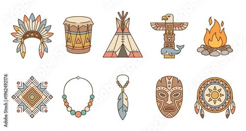 Native American cultural symbols and traditional objects are beautifully illustrated in a collection of diverse indigenous elements, showcasing heritage and tribal art.
