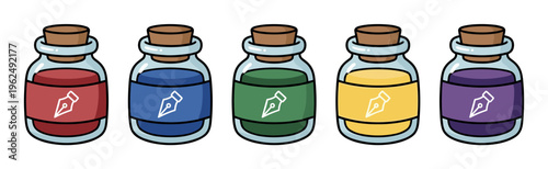 Five colorful ink bottles with pen nib icons, each filled with a different vibrant hue, symbolizing creativity and the art of writing.