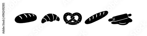 Set of black bakery and bread icons featuring a loaf, croissant, pretzel, baguette, and rolling pin with dough. Flat vector silhouettes ideal for food branding and minimalist design projects.